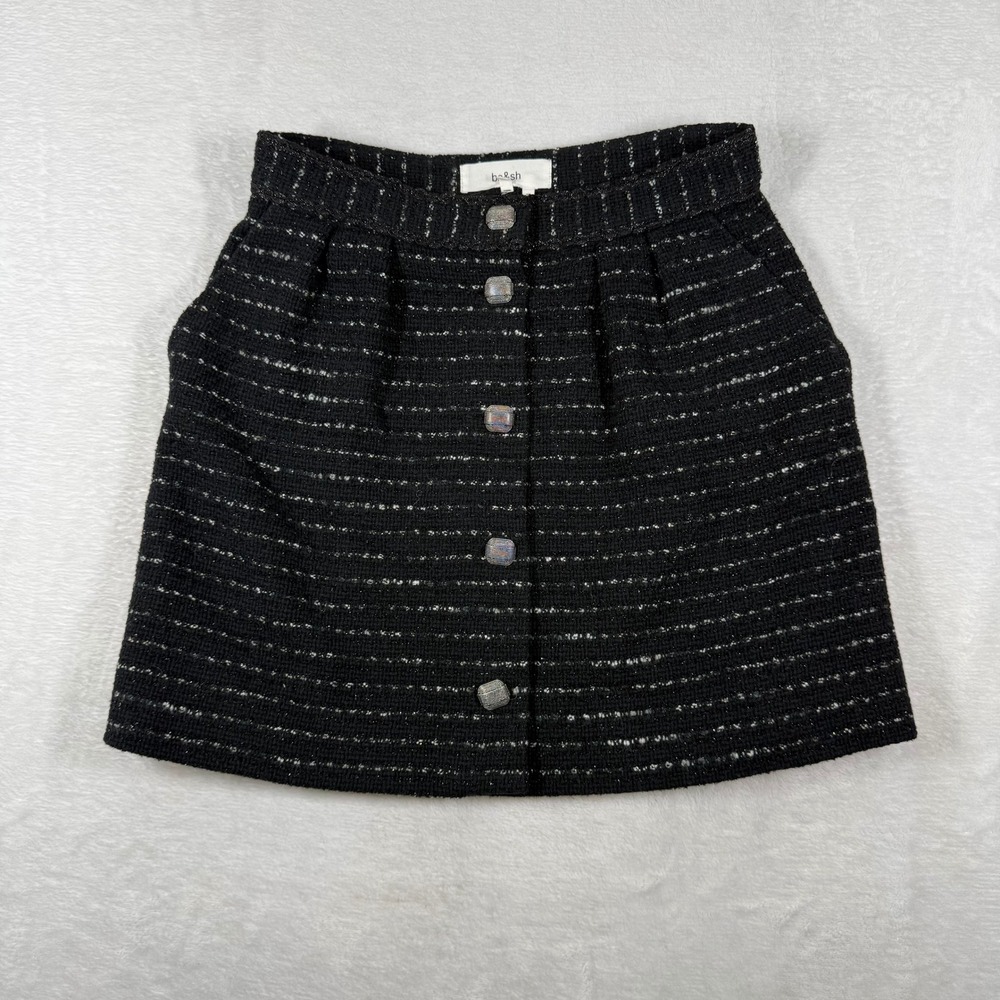 ba&sh Livi Noir Black Striped‎ Metallic Tweed Button Front Mini Skirt Size 1 S